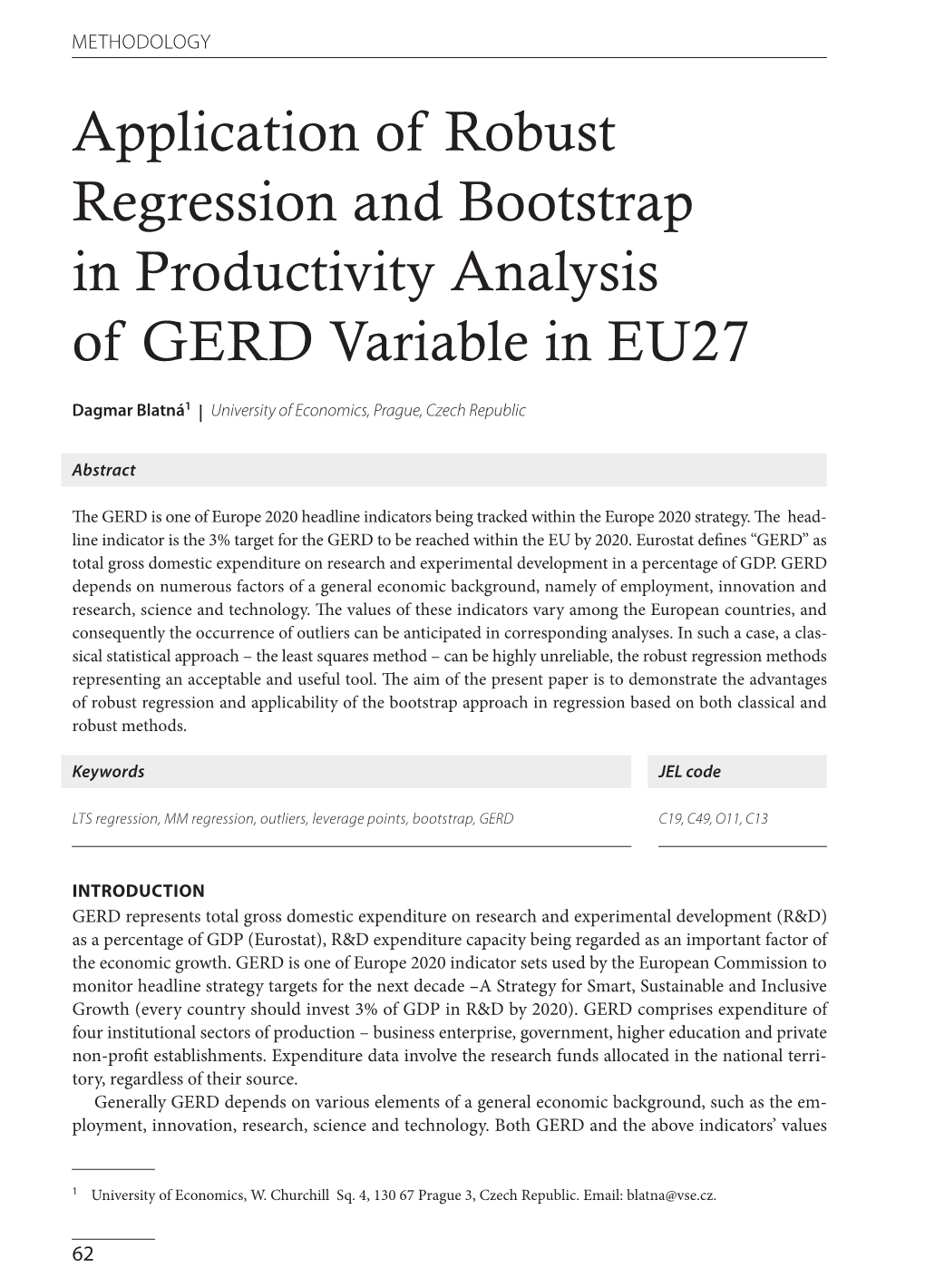 Application of Robust Regression and Bootstrap in Productivity Analysis of GERD Variable in EU27