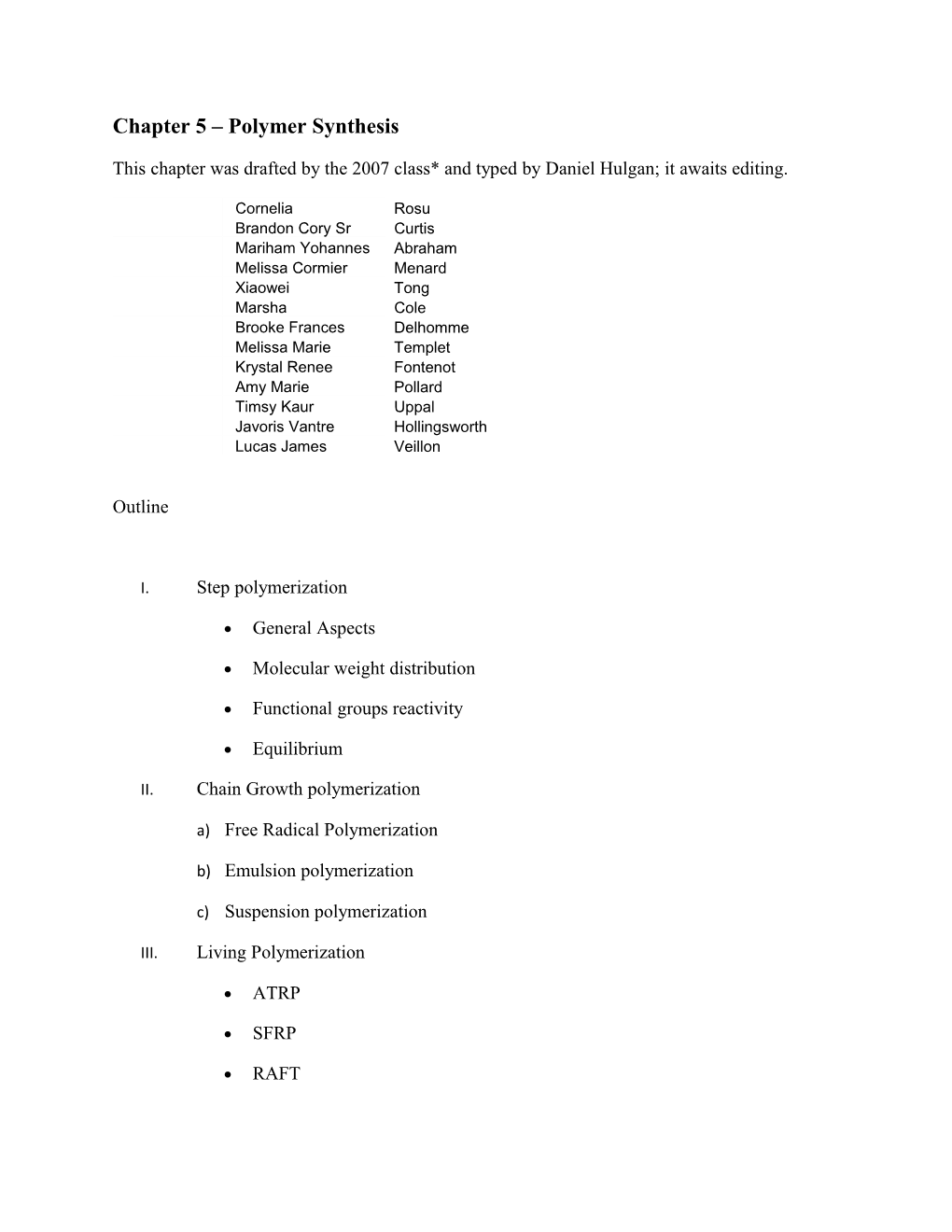 Chapter 5 Polymer Synthesis