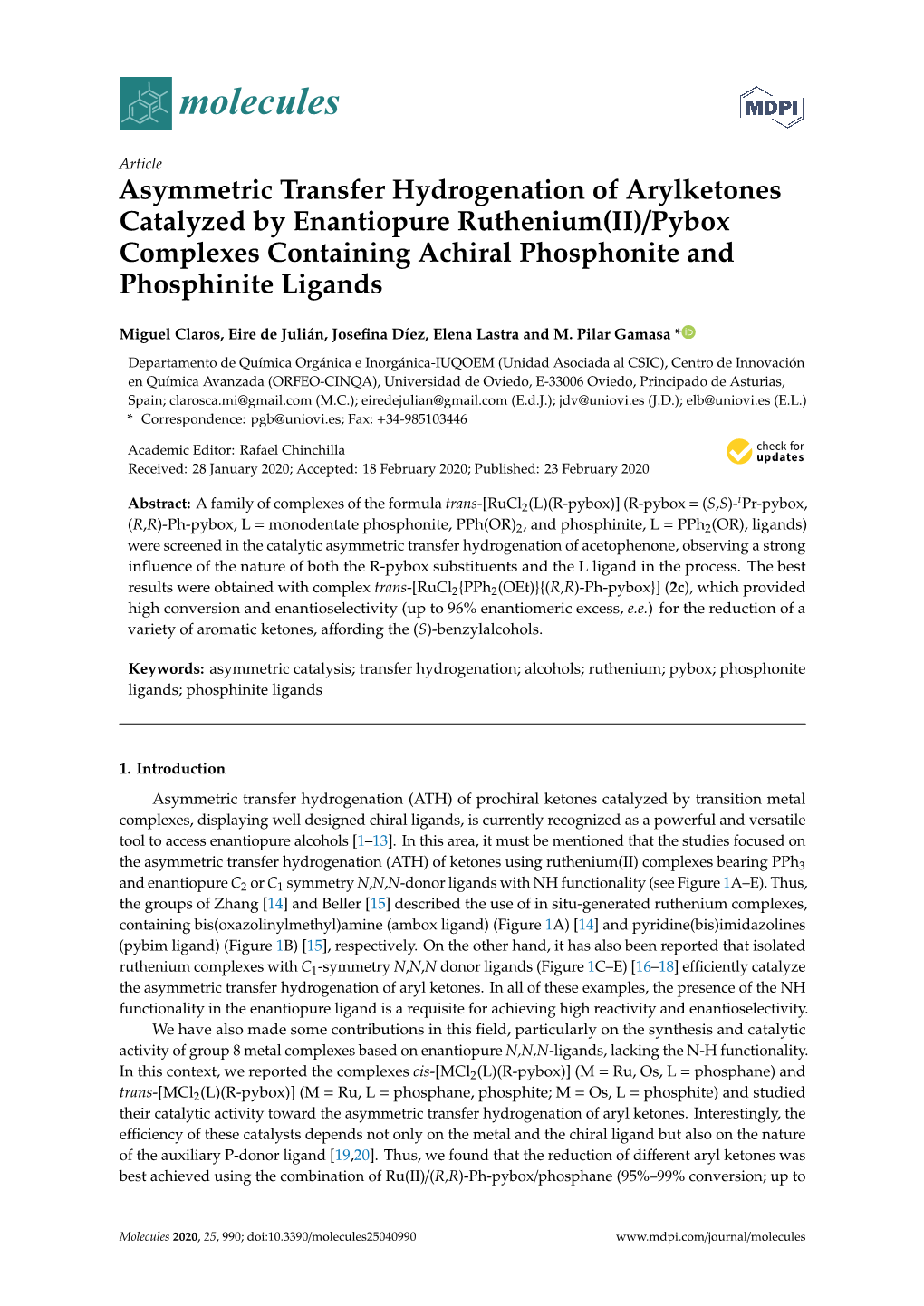 Asymmetric Transfer Hydrogenation of Arylketones Catalyzed by Enantiopure Ruthenium(II)/Pybox Complexes Containing Achiral Phosphonite and Phosphinite Ligands