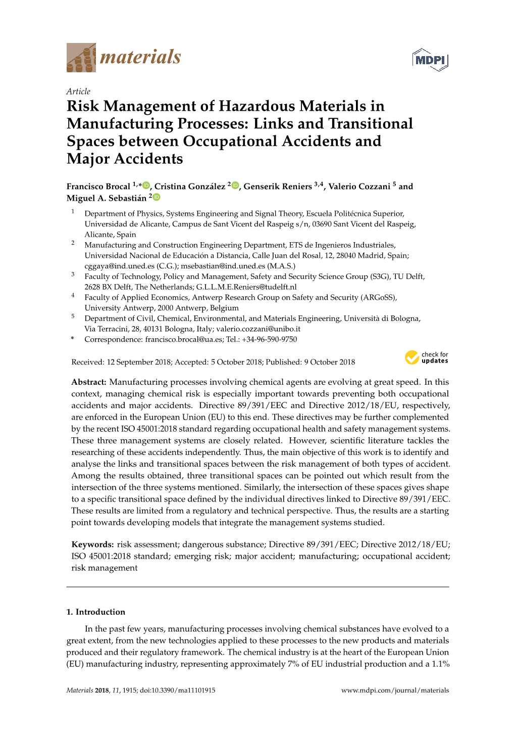 Risk Management of Hazardous Materials in Manufacturing Processes: Links and Transitional Spaces Between Occupational Accidents and Major Accidents