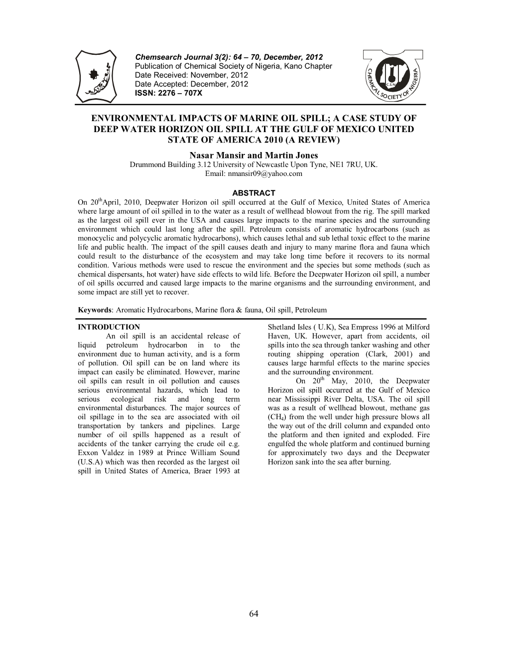 64 Environmental Impacts of Marine Oil Spill