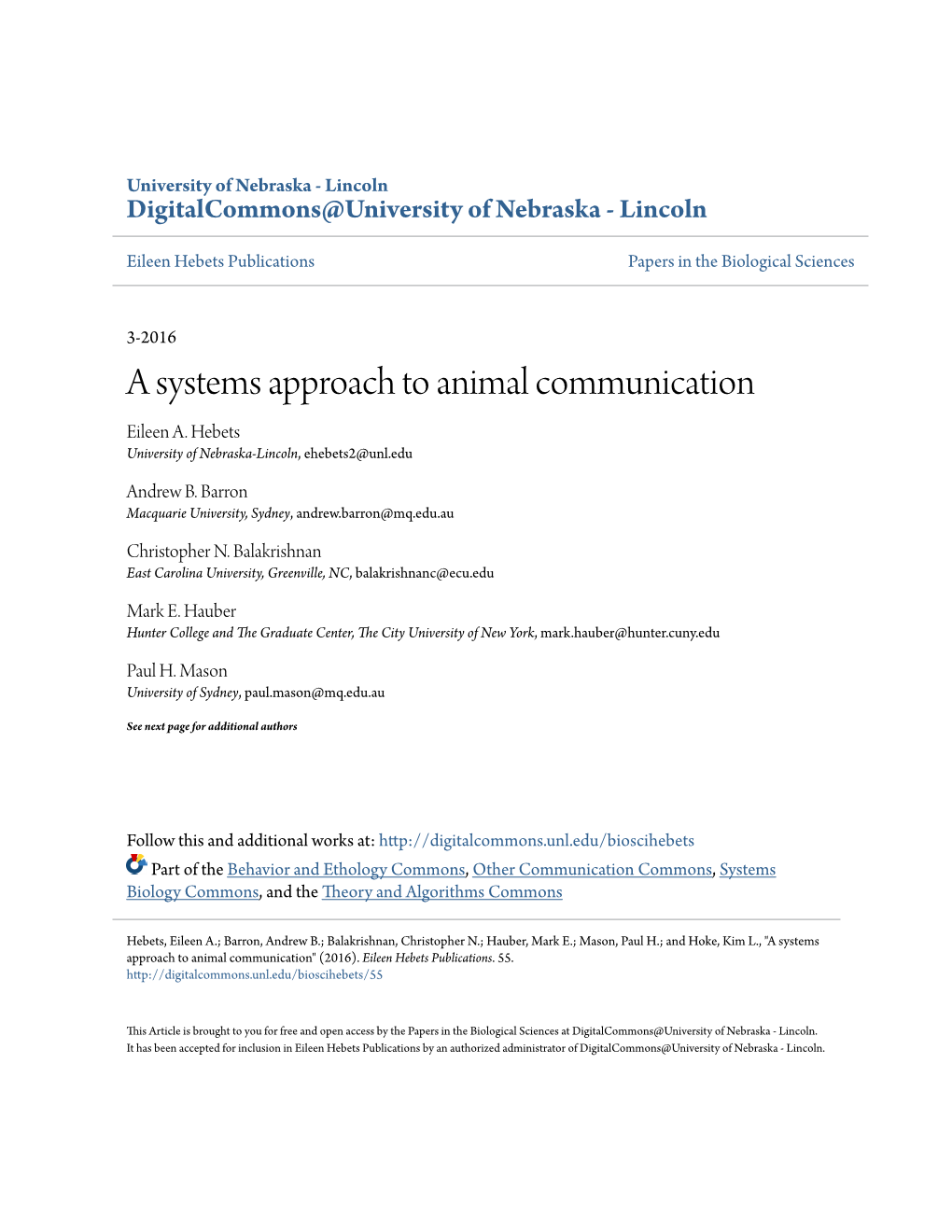 A Systems Approach to Animal Communication Eileen A