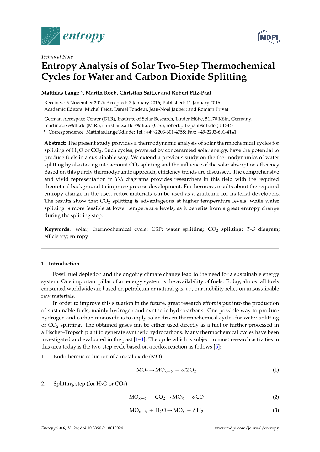 Entropy Analysis of Solar Two-Step Thermochemical Cycles for Water and Carbon Dioxide Splitting