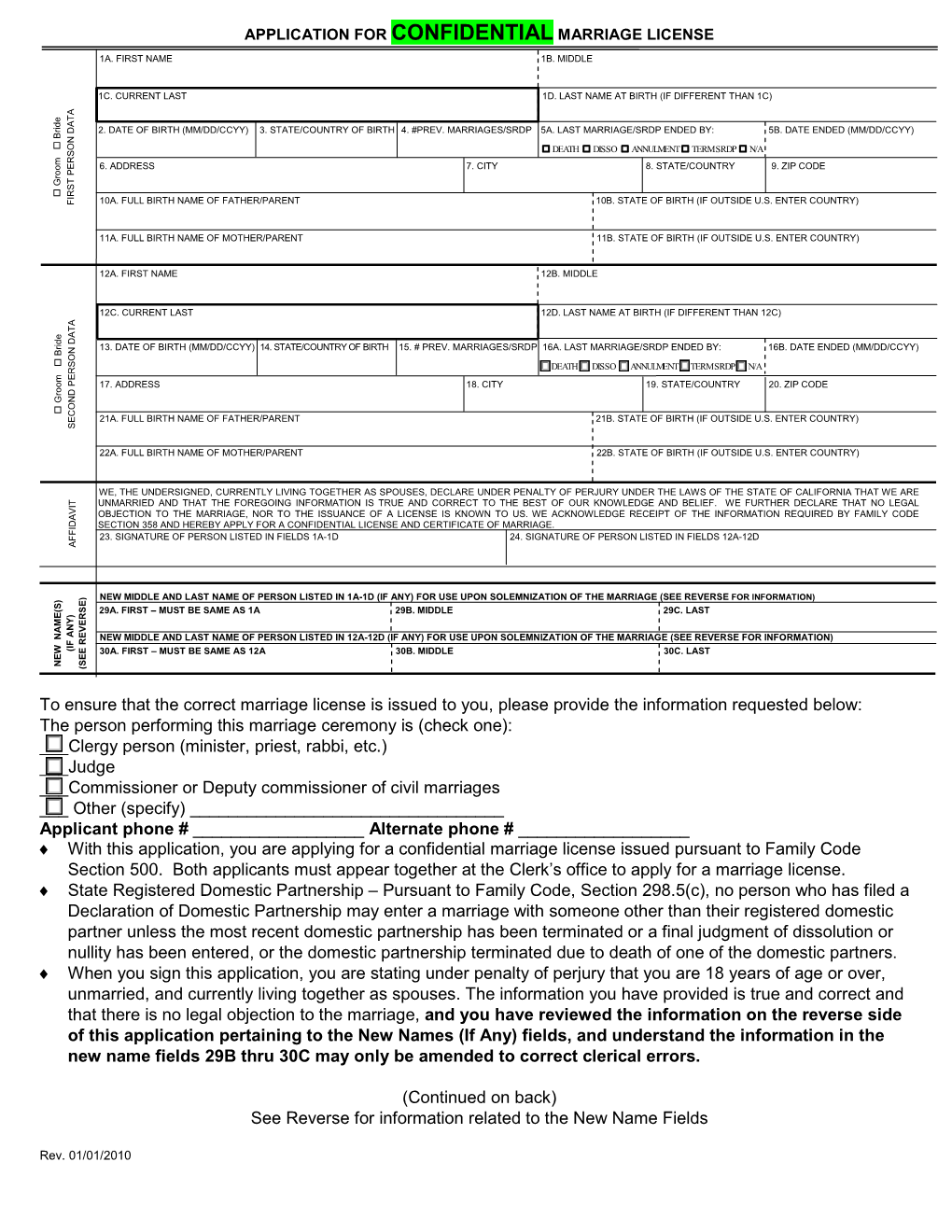 Confidential Marriage License Application