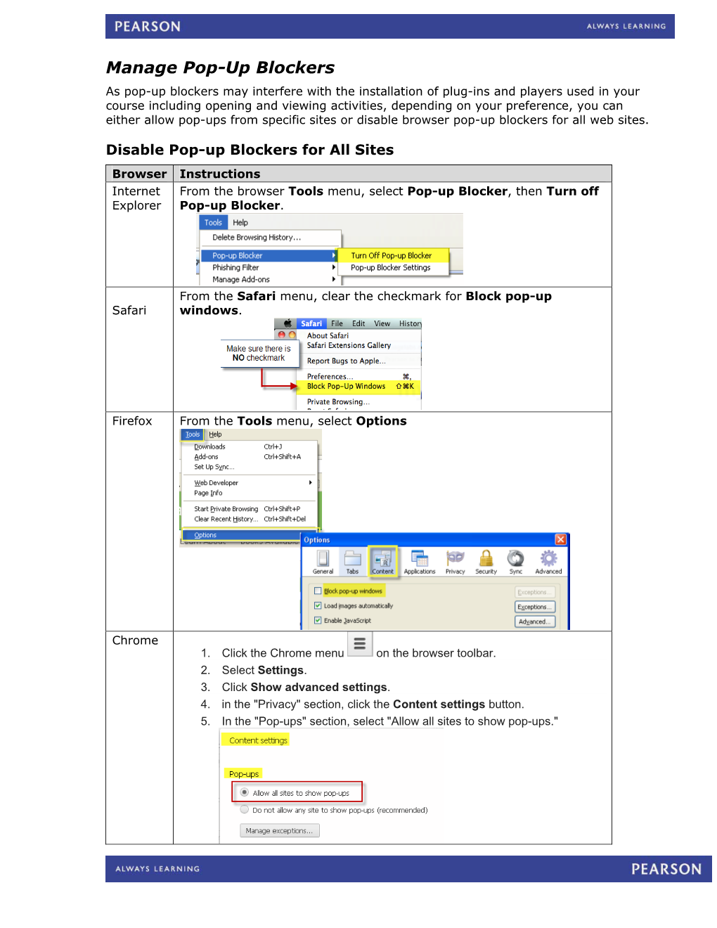 Manage Pop-Up Blockers