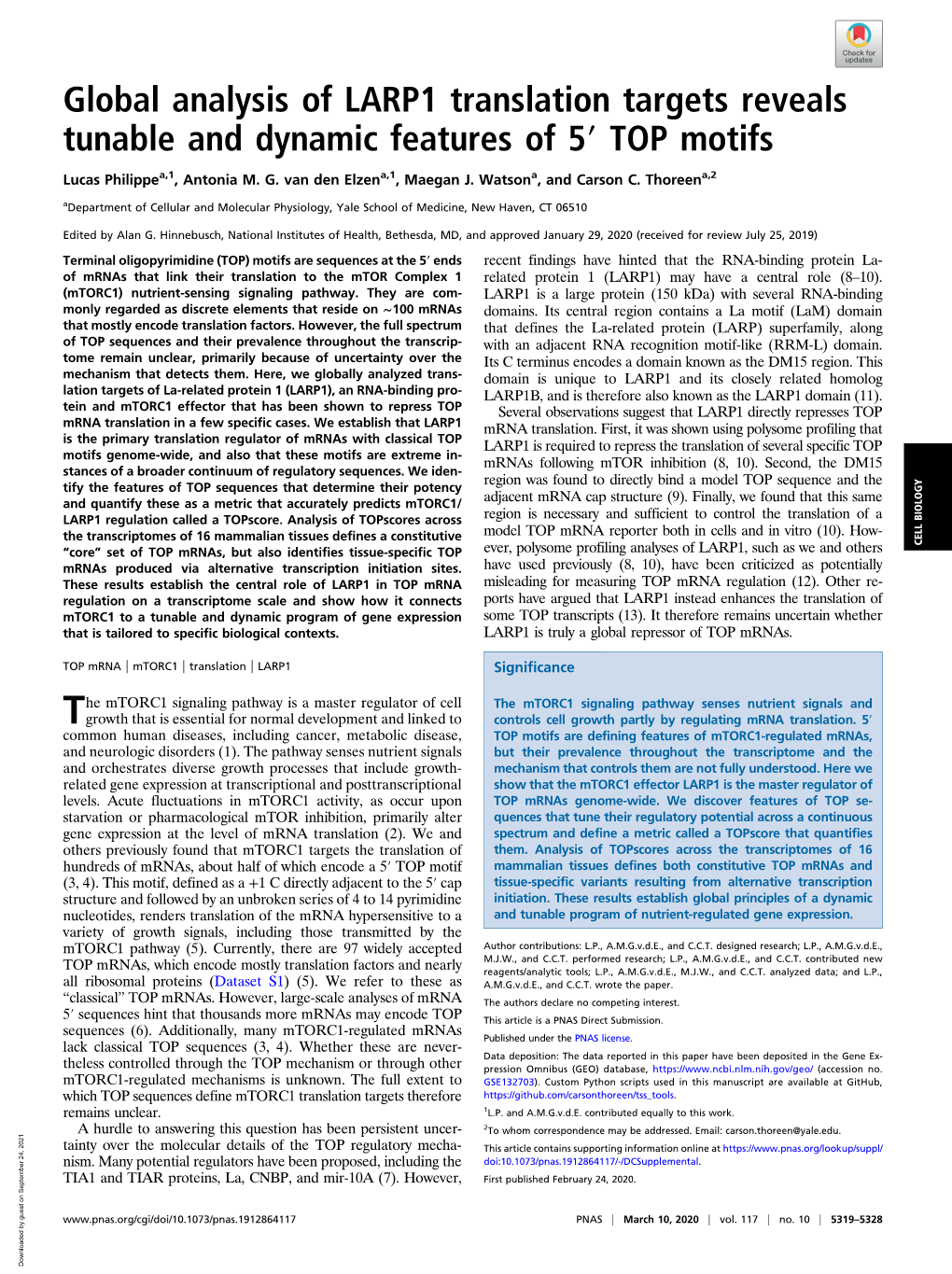 Global Analysis of LARP1 Translation Targets Reveals Tunable and Dynamic Features of 5′ TOP Motifs