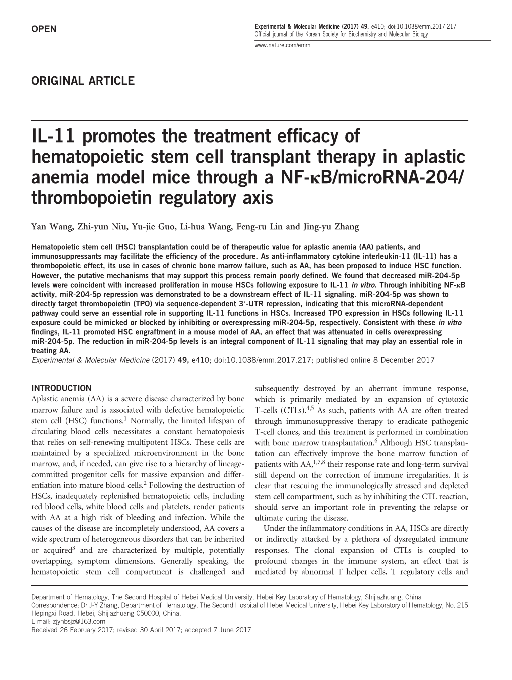 IL-11 Promotes the Treatment Efficacy of Hematopoietic Stem Cell