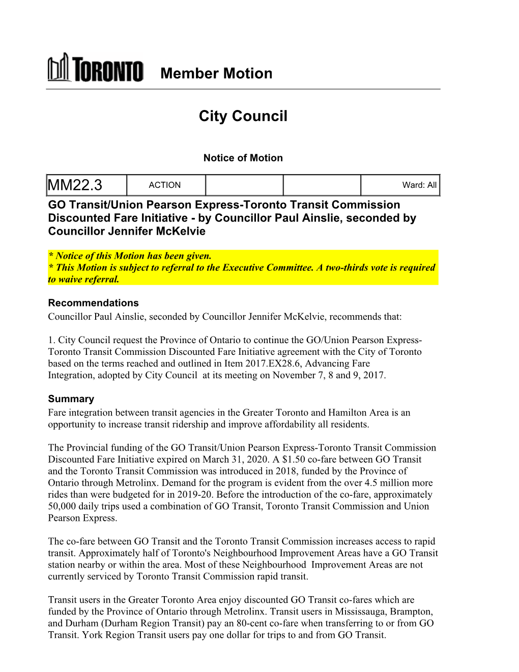 Member Motion City Council MM22.3