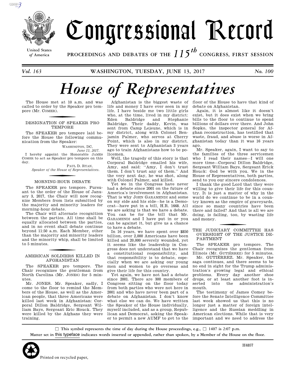 Congressional Record United States Th of America PROCEEDINGS and DEBATES of the 115 CONGRESS, FIRST SESSION