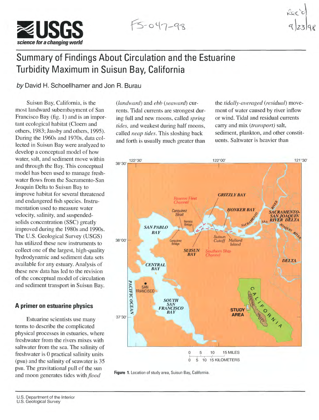 Summary of Findings About Circulation and the Estuarine Turbidity Maximum in Suisun Bay, California by David H