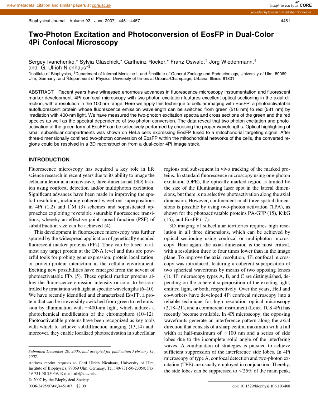 Two-Photon Excitation and Photoconversion of Eosfp in Dual-Color 4Pi Confocal Microscopy