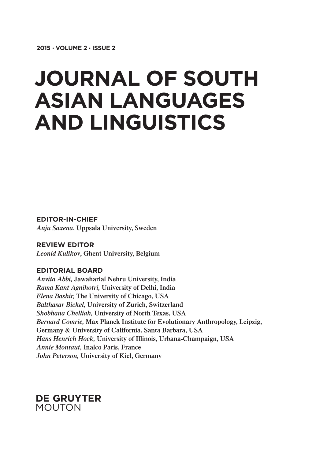 Journal of South Asian Languages and Linguistics