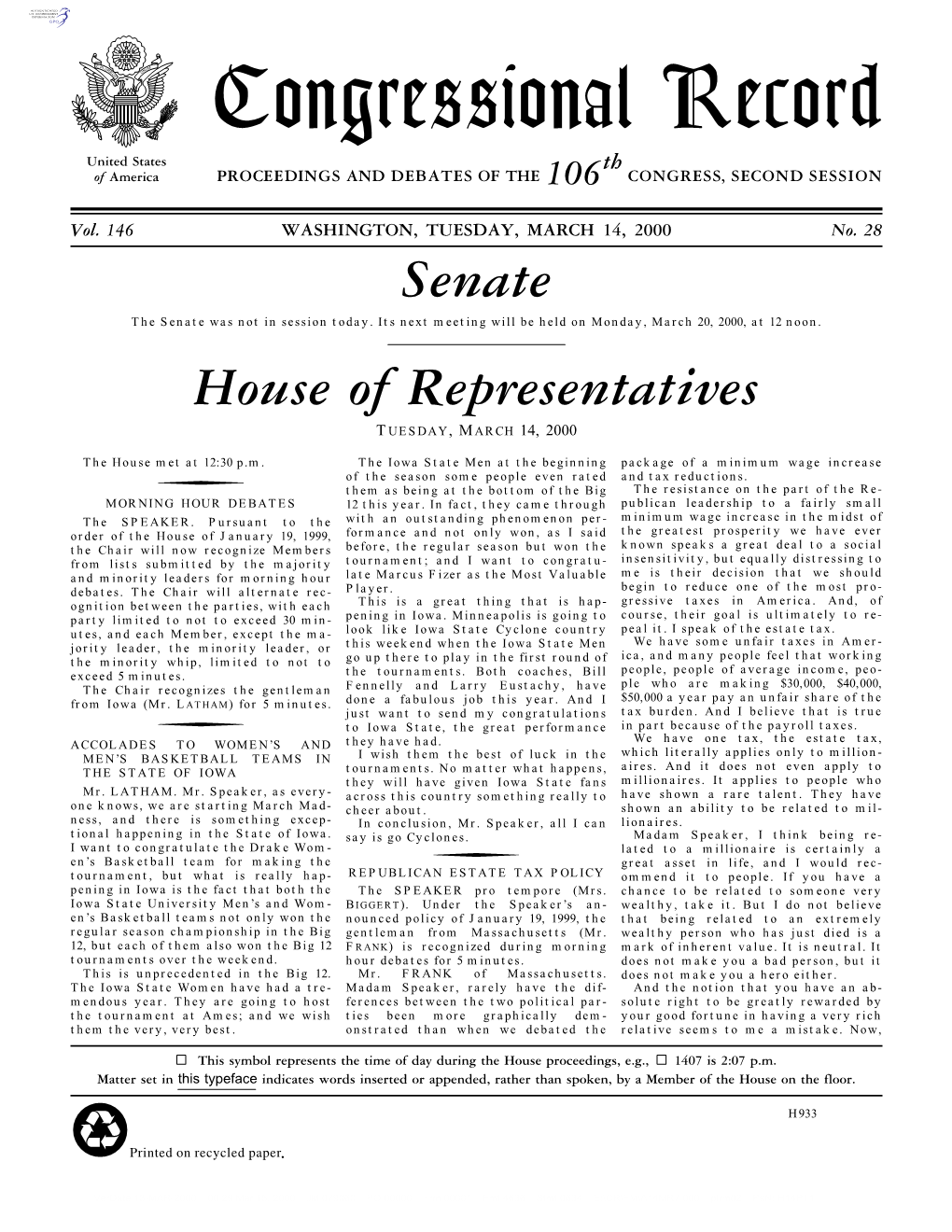 Congressional Record United States Th of America PROCEEDINGS and DEBATES of the 106 CONGRESS, SECOND SESSION