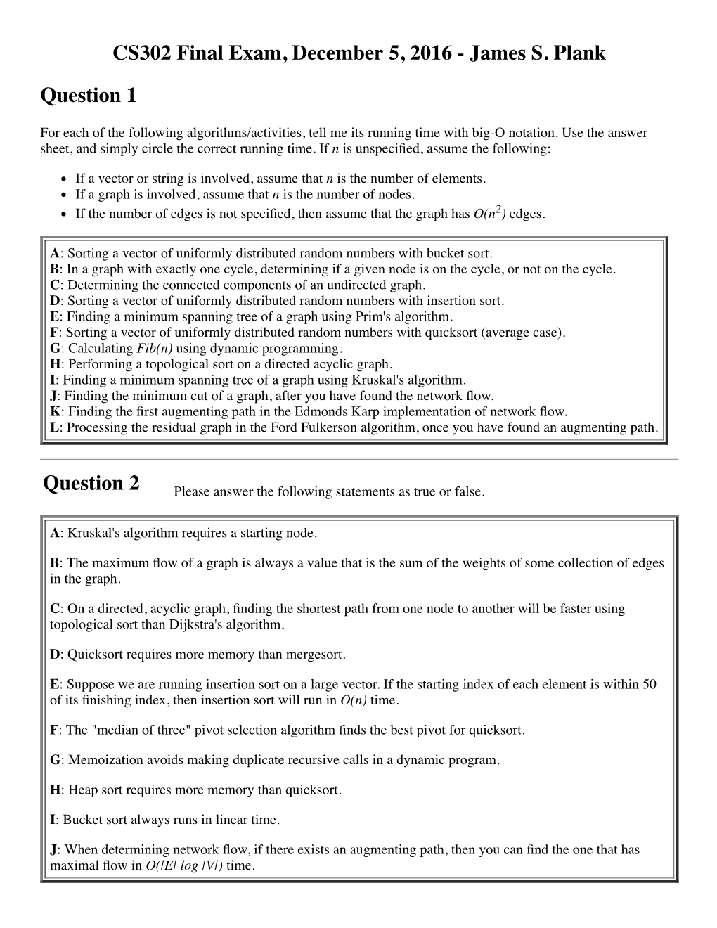 CS302 Final Exam, December 5, 2016 - James S