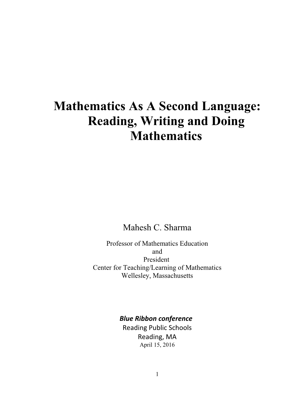 Mathematics As a Second Langauge