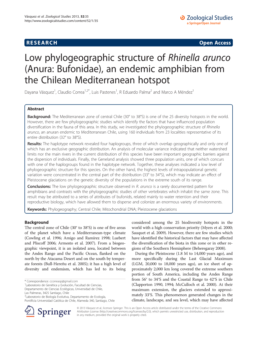 Low Phylogeographic Structure of Rhinella Arunco (Anura: Bufonidae)