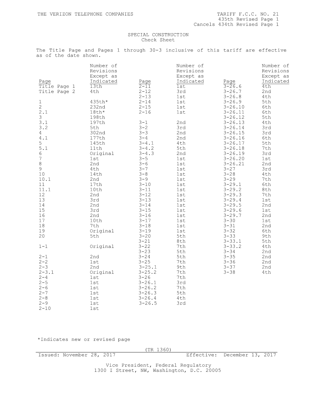 THE VERIZON TELEPHONE COMPANIES TARIFF F.C.C. NO. 21 435Th Revised Page 1 Cancels 434Th Revised Page 1