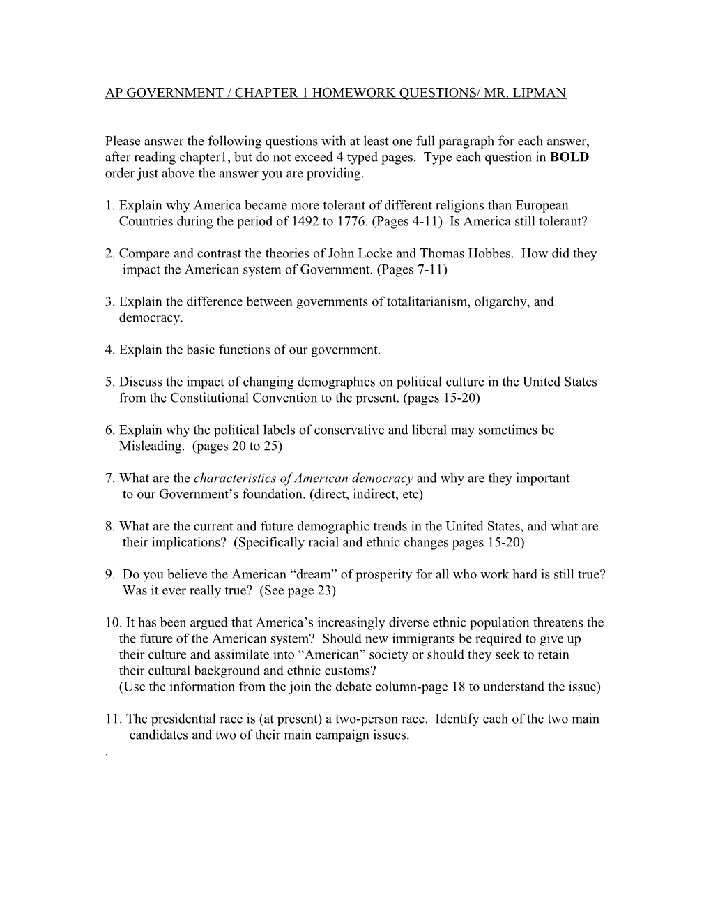 Ap Government / Chapter 1 Homework Questions/ Mr. Lipman