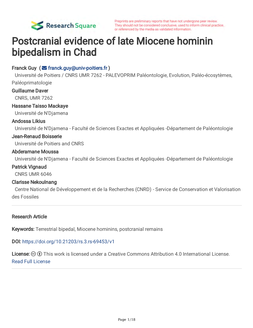 Postcranial Evidence of Late Miocene Hominin Bipedalism in Chad