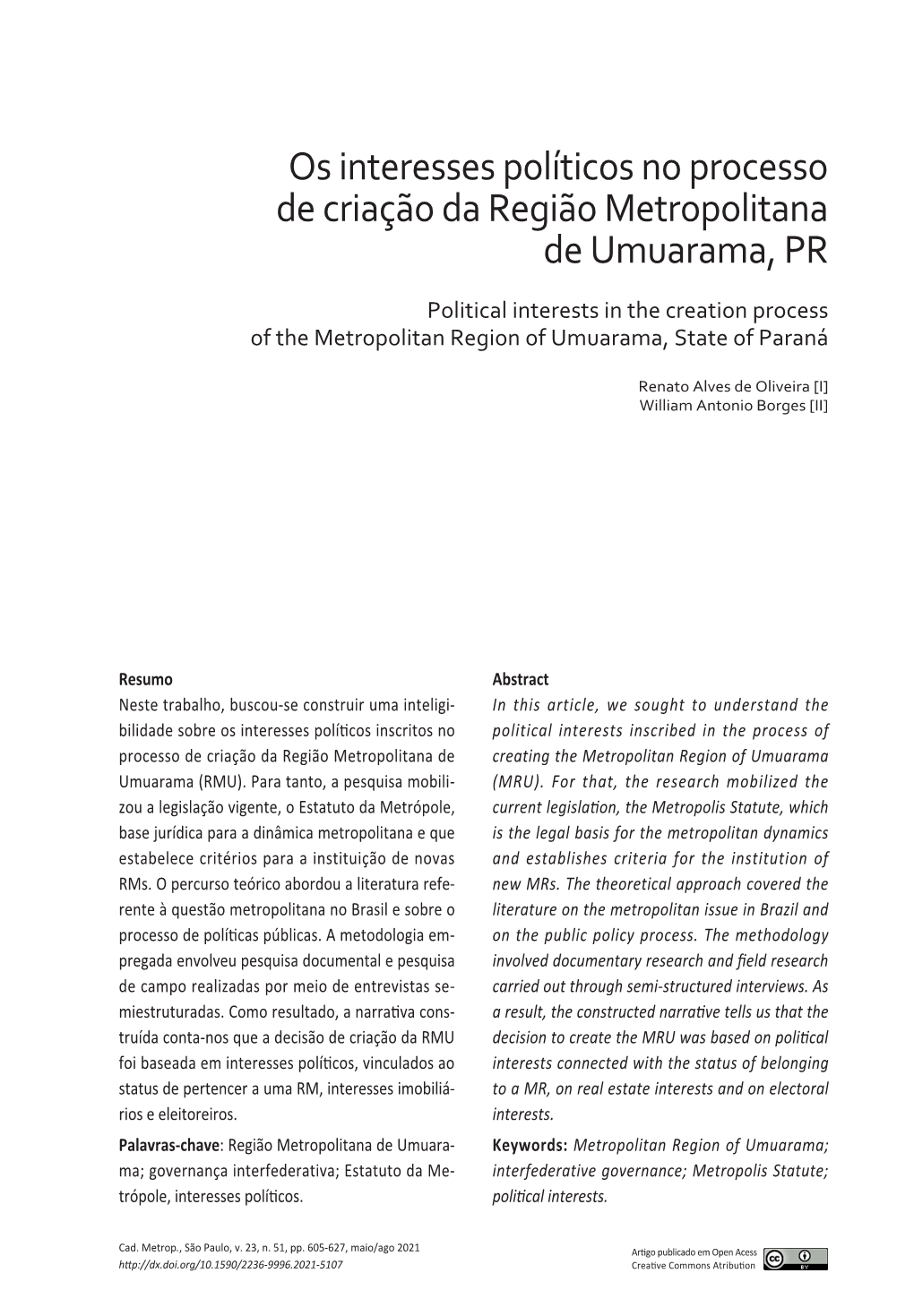 Political Interests in the Creation Process of the Metropolitan Region of Umuarama, State of Paraná