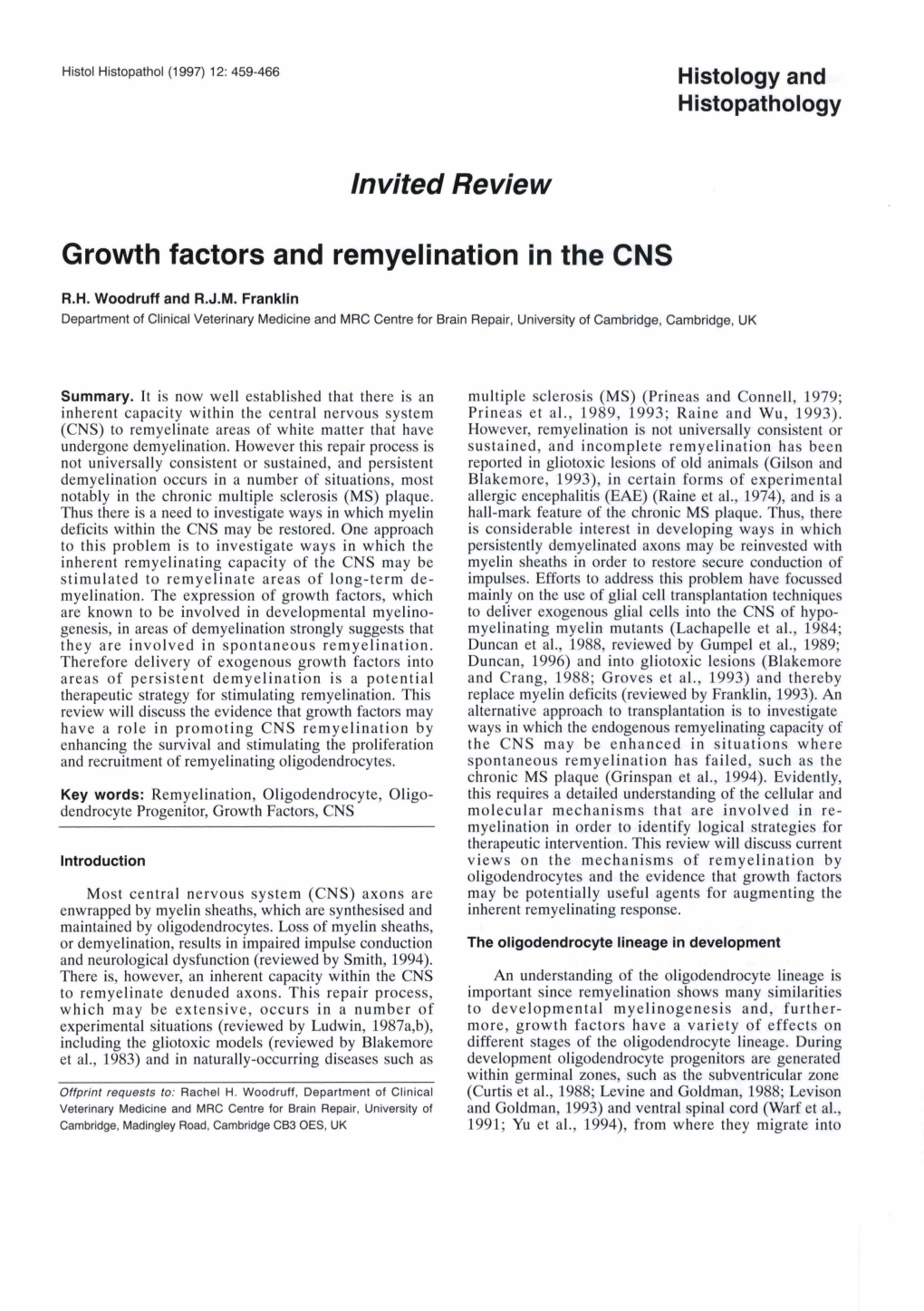 Lnvited Revie W Growth Factors and Remyelination in The