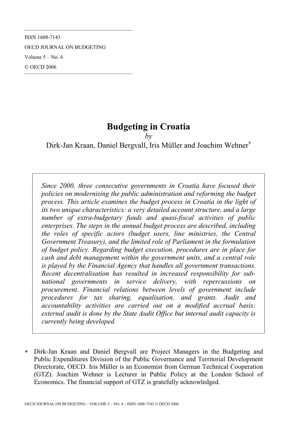 Budgeting in Croatia by Dirk-Jan Kraan, Daniel Bergvall, Iris Müller and Joachim Wehner