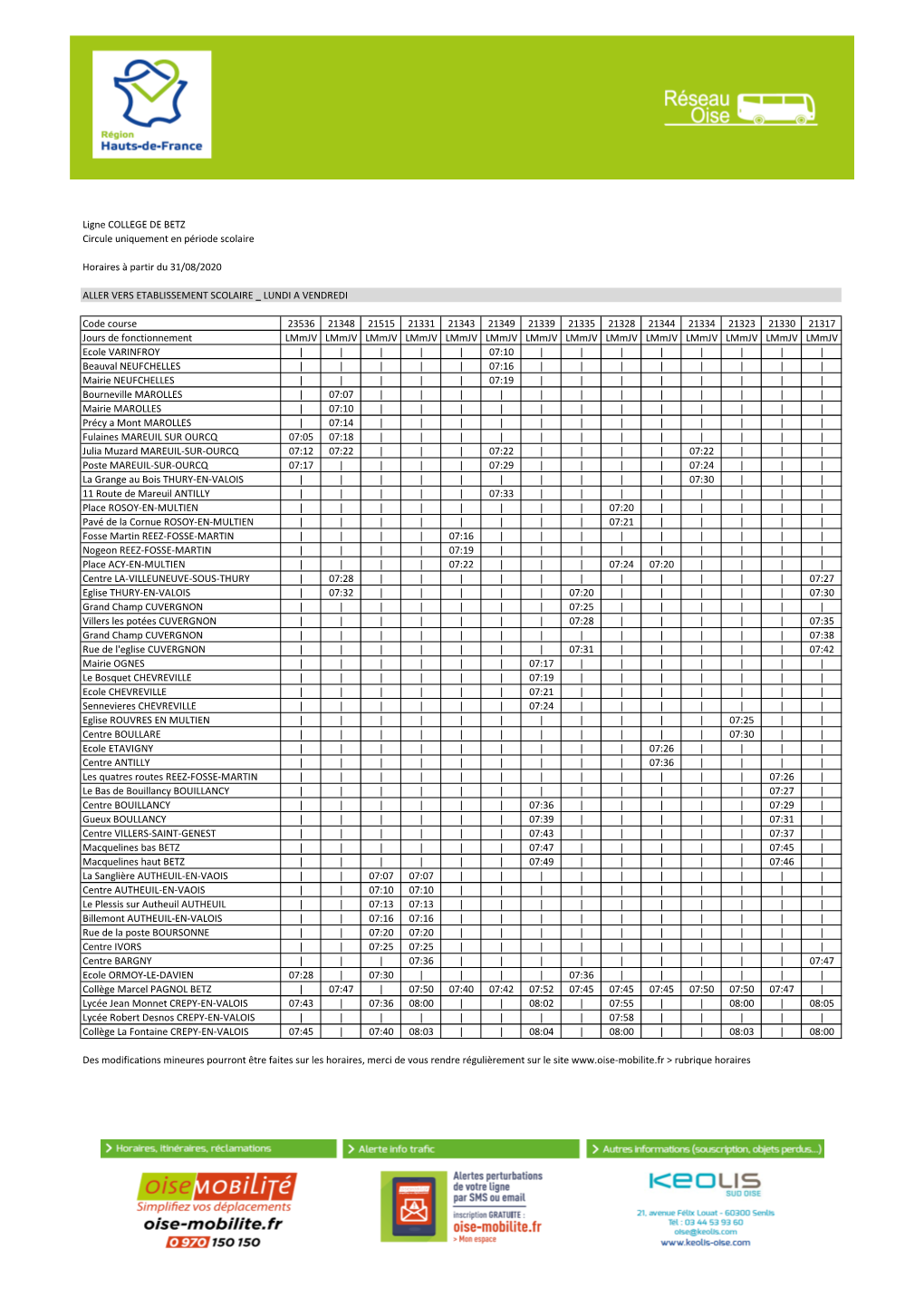 Horaires Bus Betz College 2020 2021 31 08 2020