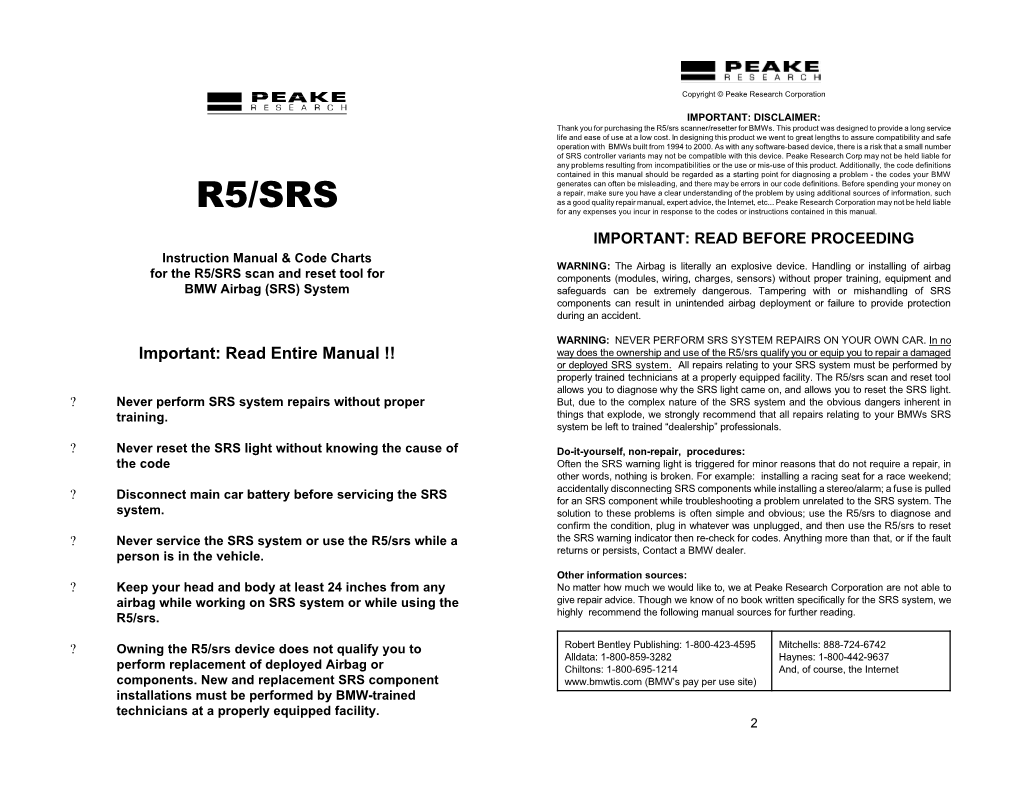 Manual for the R5/Srs Airbag Fault Code Tool