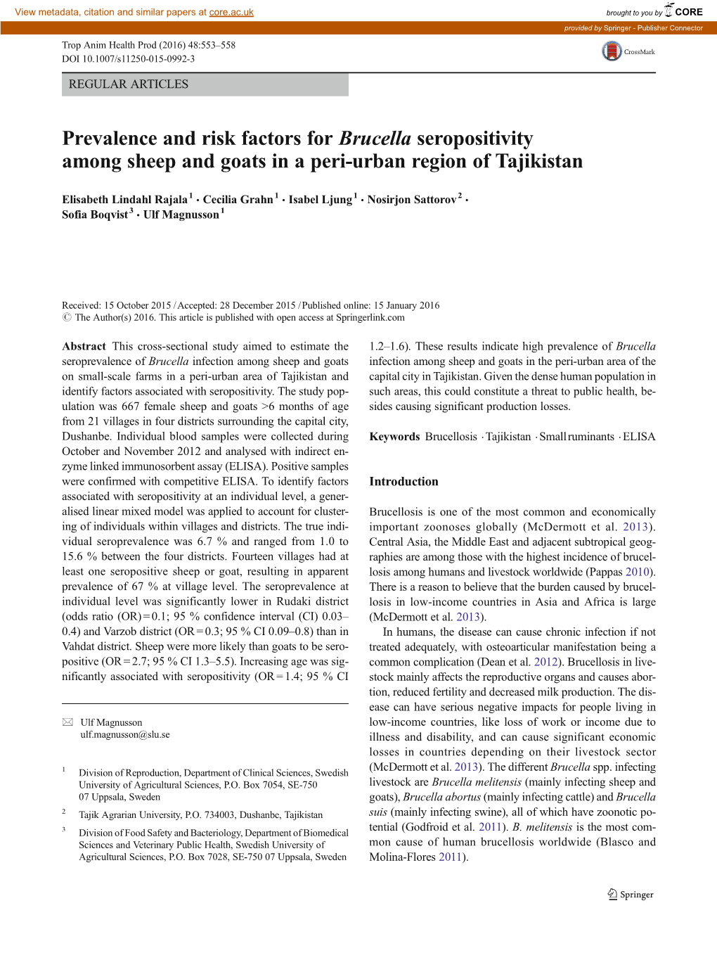 Prevalence and Risk Factors for Brucella Seropositivity Among Sheep and Goats in a Peri-Urban Region of Tajikistan