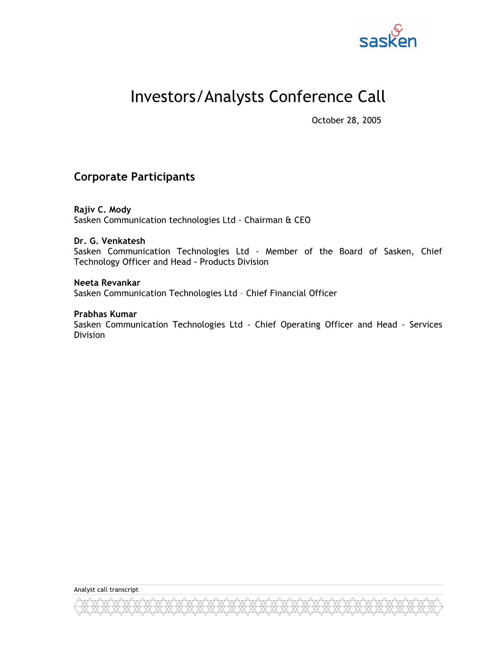 Investors/Analysts Conference Call