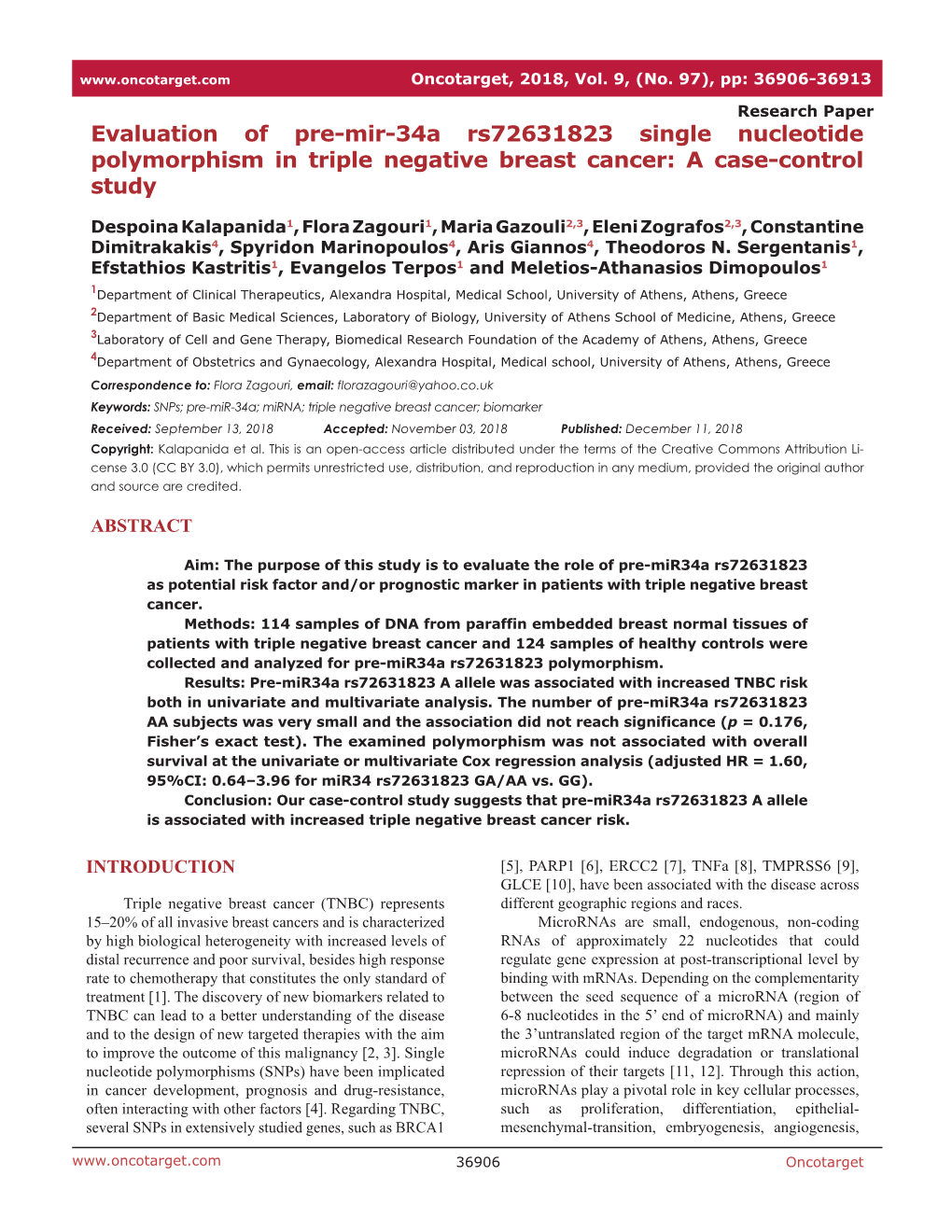 Evaluation of Pre-Mir-34A Rs72631823 Single Nucleotide Polymorphism in Triple Negative Breast Cancer: a Case-Control Study