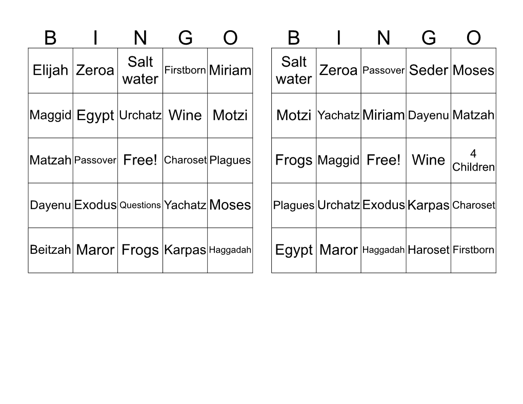 Hebrew Seder Bingo