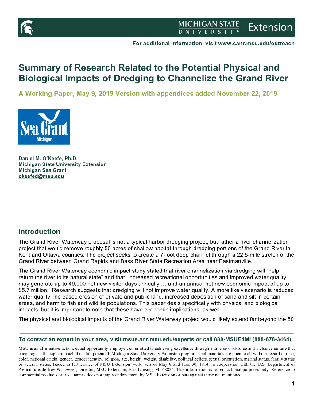 Summary of Research Related to the Potential Physical and Biological Impacts of Dredging to Channelize the Grand River