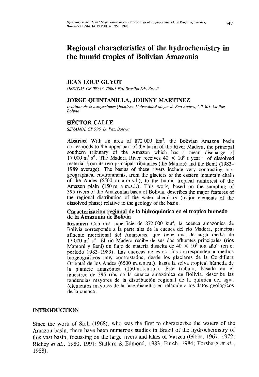 Regional Characteristics of the Hydrochemistry in the Humid Tropics of Bolivian Amazonia