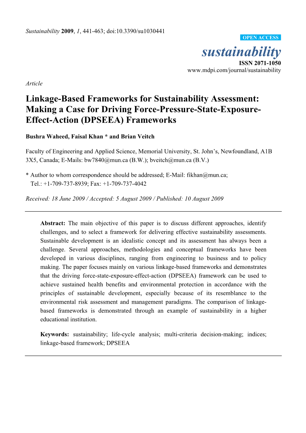 Linkage-Based Frameworks for Sustainability Assessment: Making a Case for Driving Force-Pressure-State-Exposure- Effect-Action (DPSEEA) Frameworks