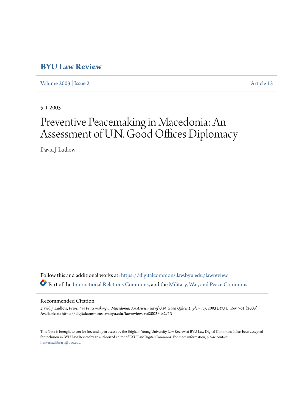 Preventive Peacemaking in Macedonia: an Assessment of U.N