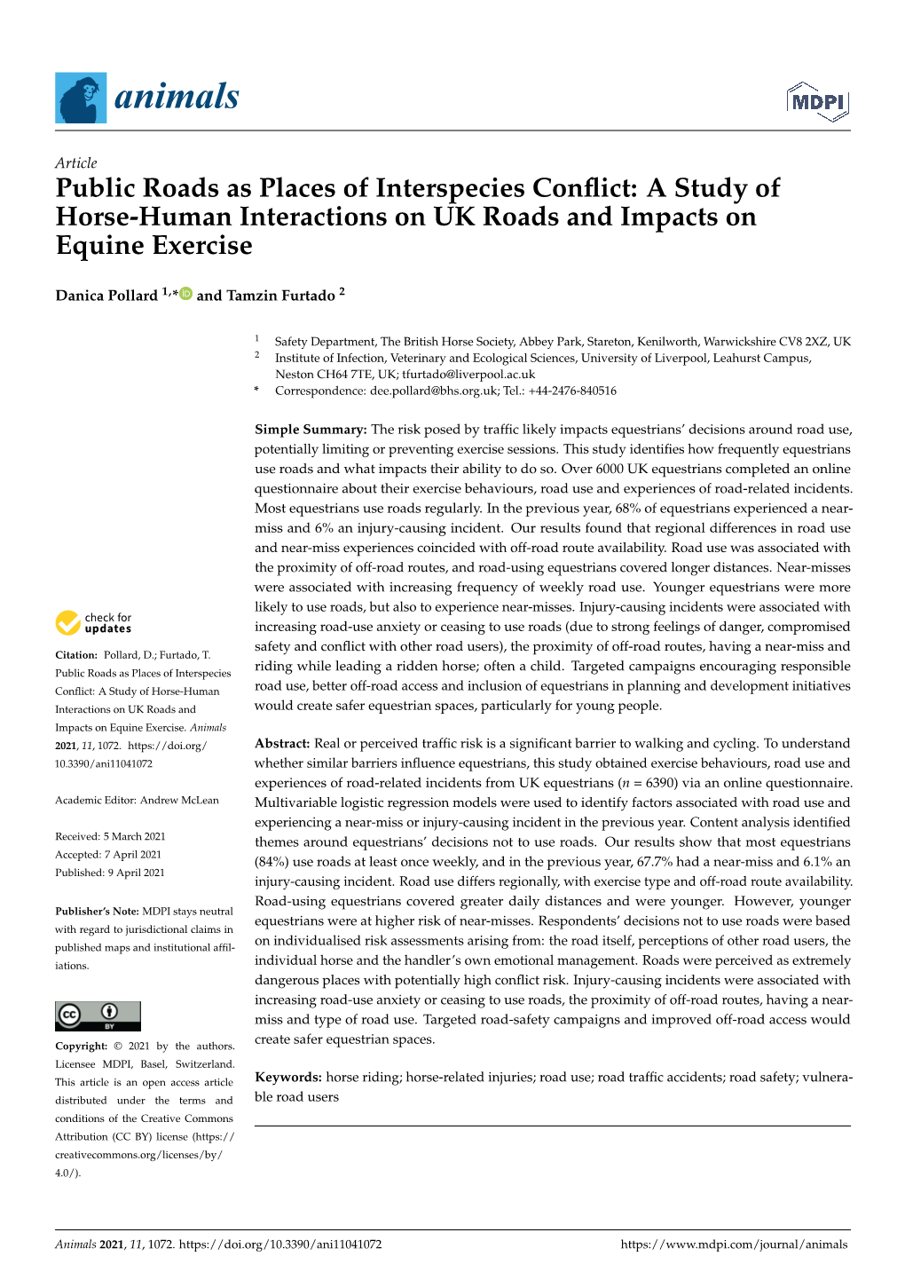 A Study of Horse-Human Interactions on UK Roads and Impacts on Equine Exercise