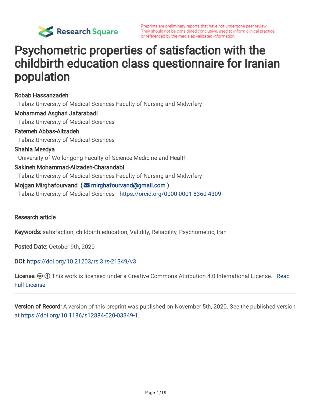 Psychometric Properties of Satisfaction with the Childbirth Education Class Questionnaire for Iranian Population