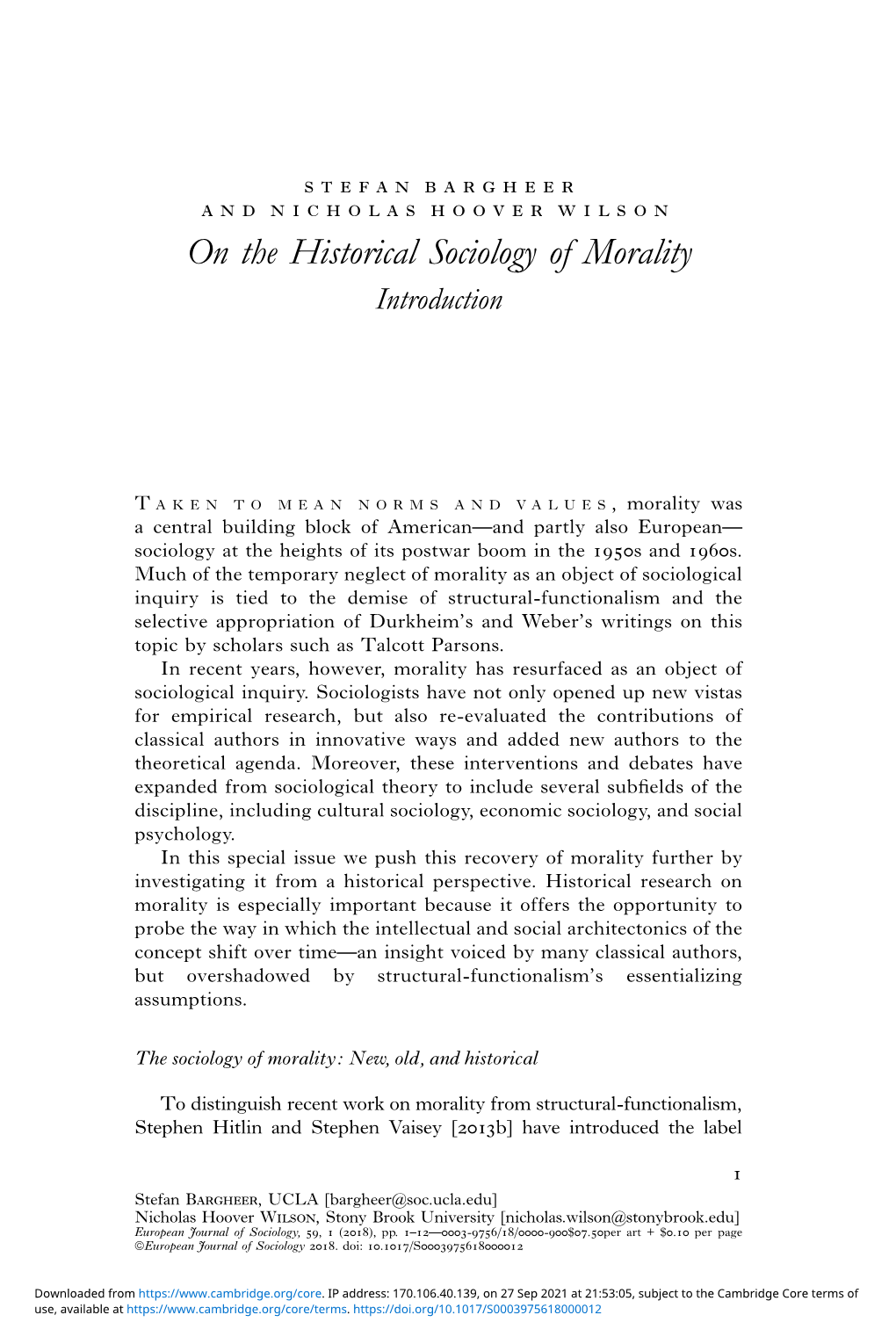 On the Historical Sociology of Morality Introduction