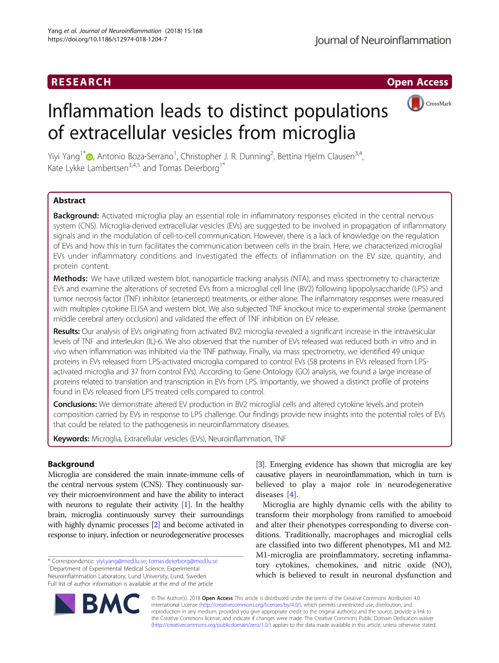 Inflammation Leads to Distinct Populations of Extracellular Vesicles from Microglia Yiyi Yang1* , Antonio Boza-Serrano1, Christopher J