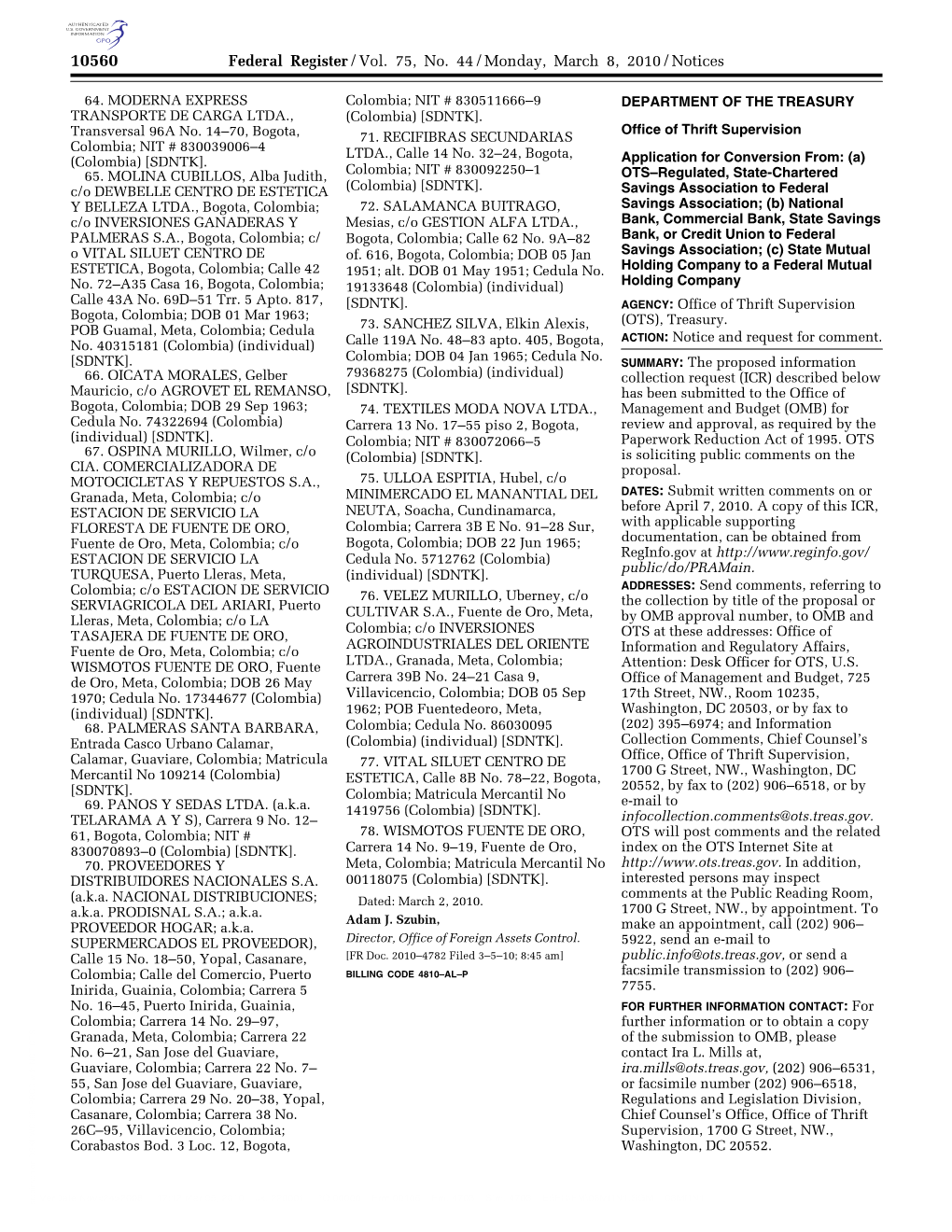 Federal Register/Vol. 75, No. 44/Monday, March 8, 2010/Notices