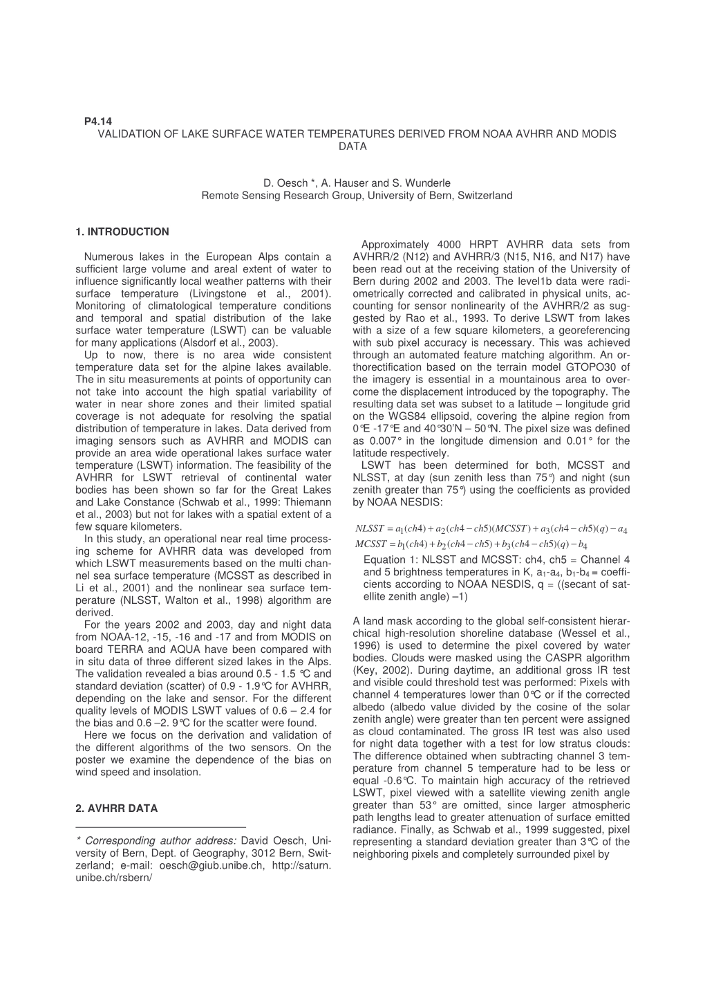 P4.14 Validation of Lake Surface Water Temperatures Derived from Noaa Avhrr and Modis Data