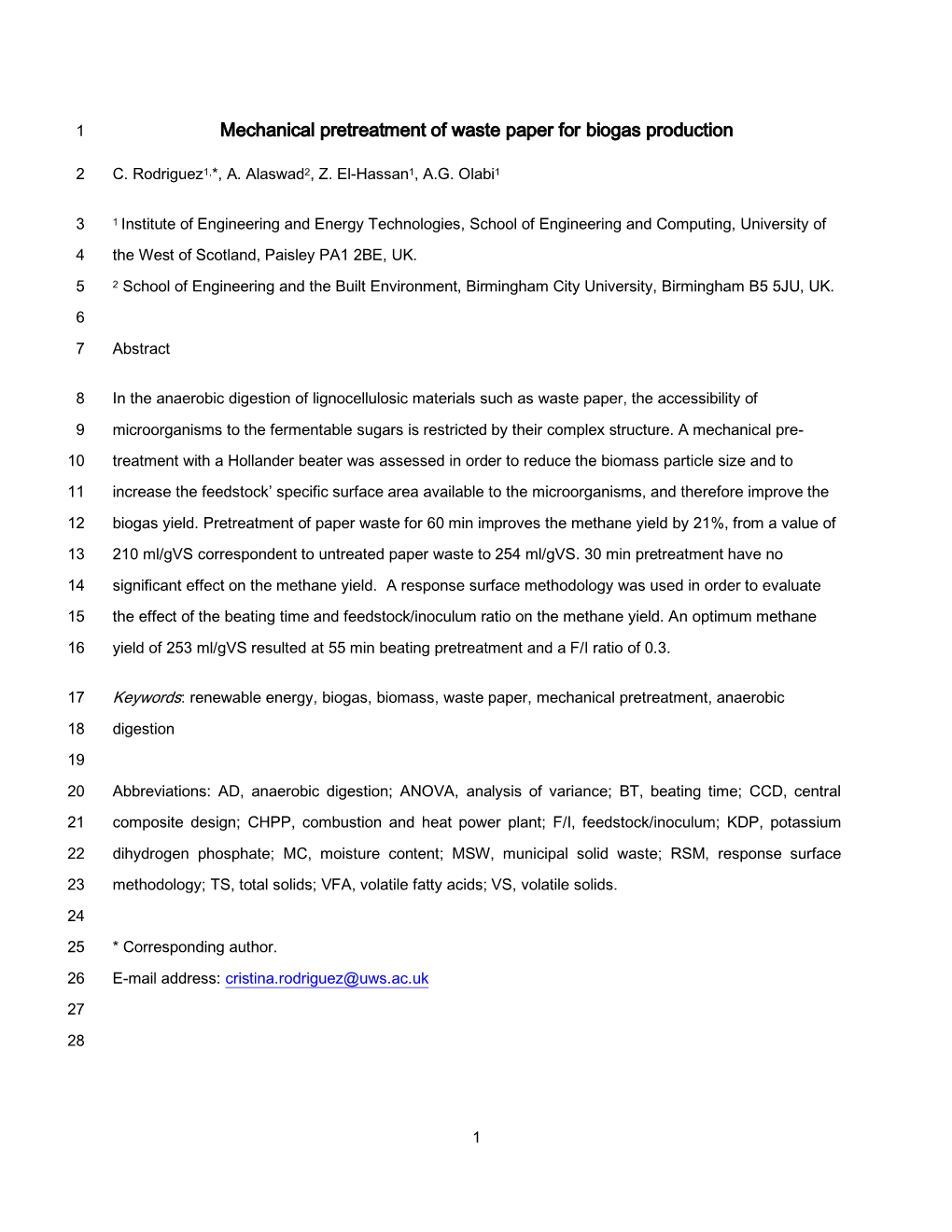 Mechanical Pretreatment of Waste Paper for Biogas Production