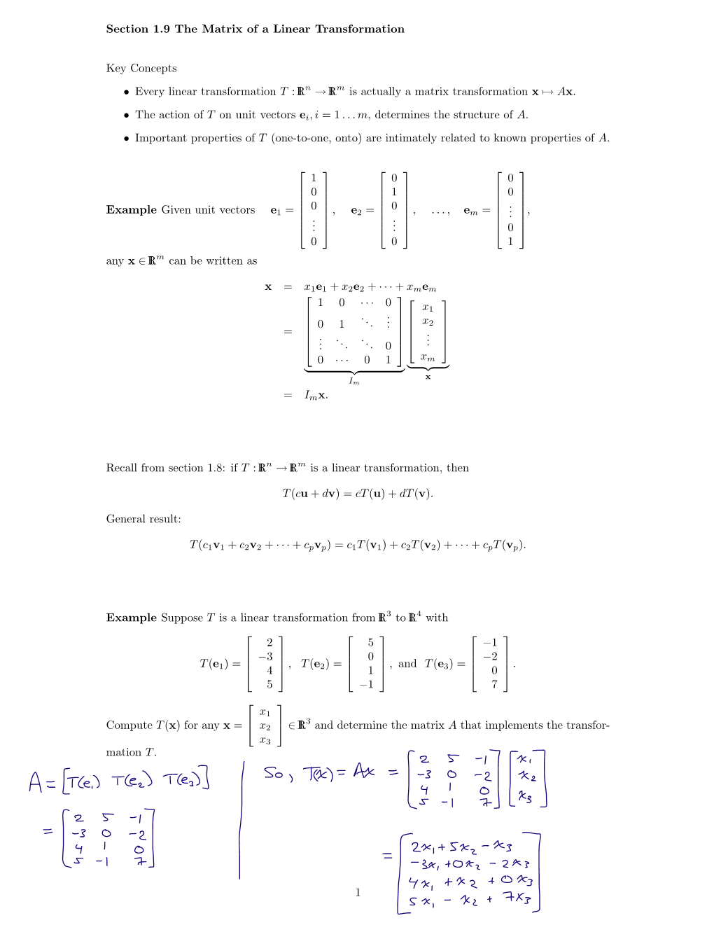 Section 1.9 the Matrix of a Linear Transformation