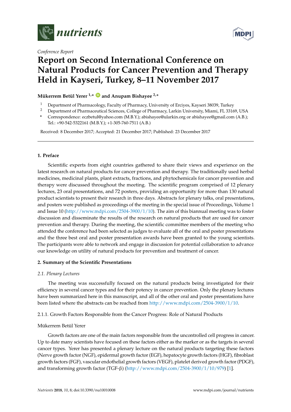 Report on Second International Conference on Natural Products for Cancer Prevention and Therapy Held in Kayseri, Turkey, 8–11 November 2017