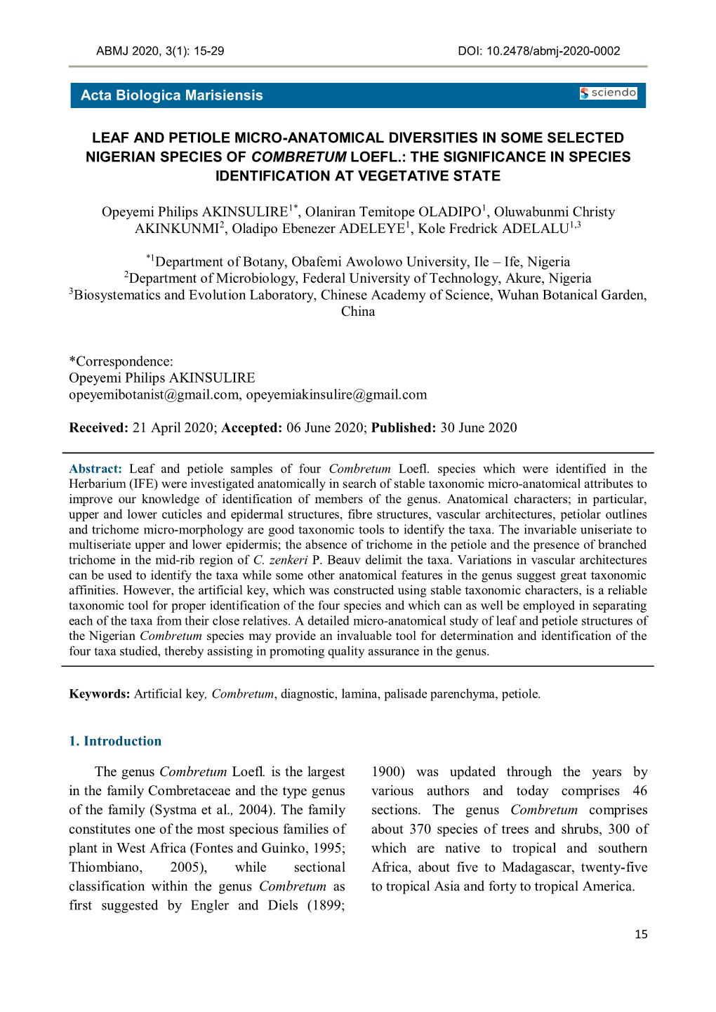 Leaf and Petiole Micro-Anatomical Diversities in Some Selected Nigerian Species of Combretum Loefl.: the Significance in Species Identification at Vegetative State