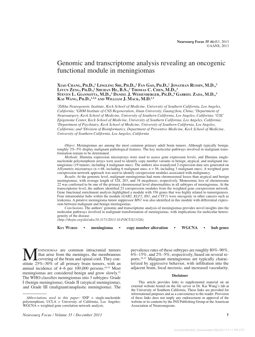 Genomic and Transcriptome Analysis Revealing an Oncogenic Functional Module in Meningiomas