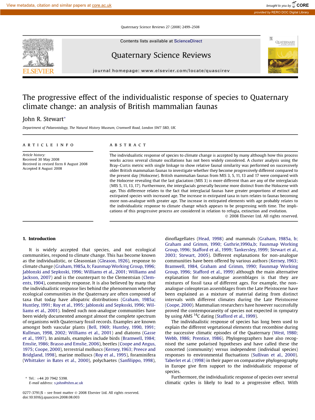 An Analysis of British Mammalian Faunas