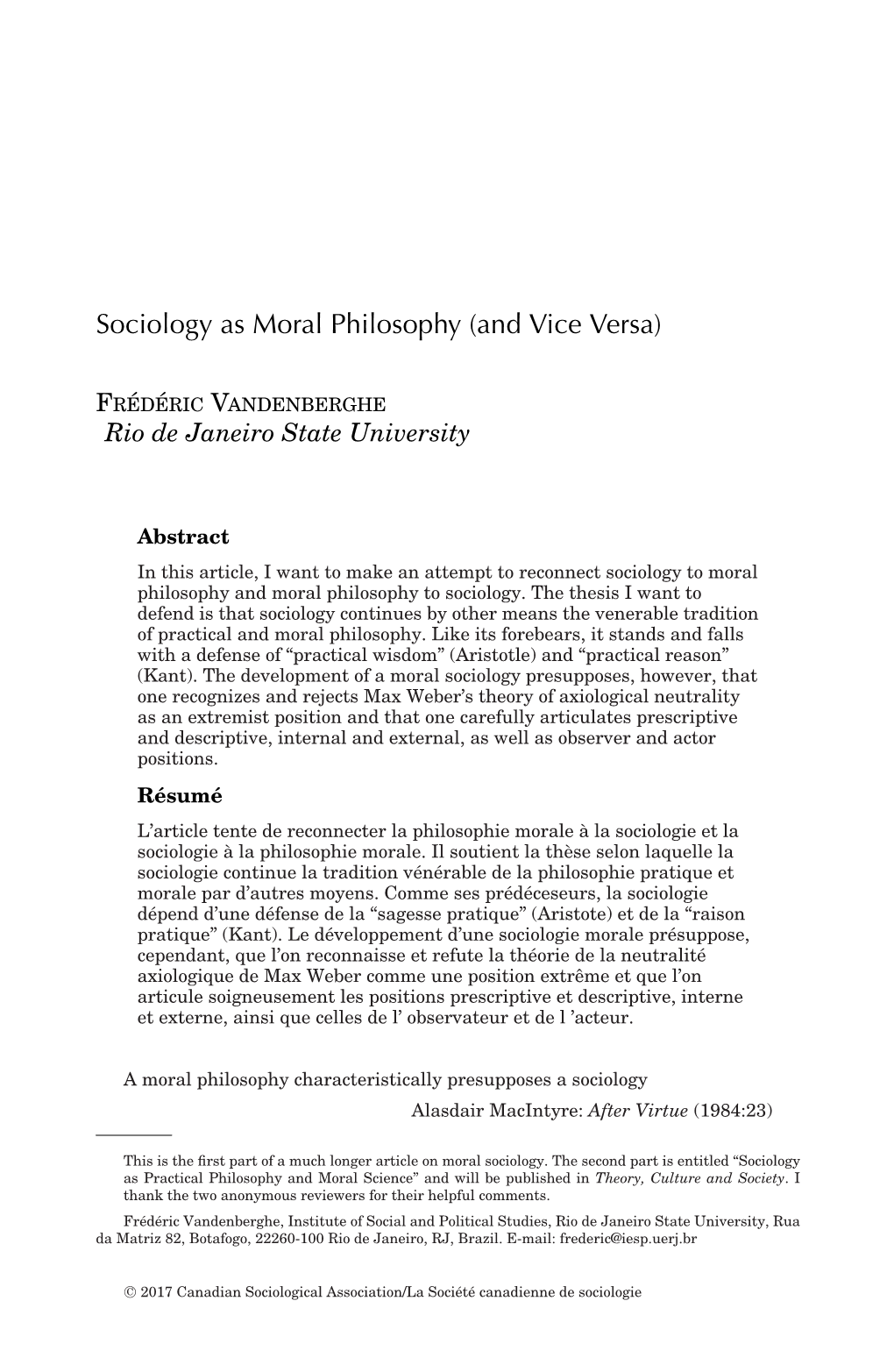 Sociology As Moral Philosophy (And Vice Versa)