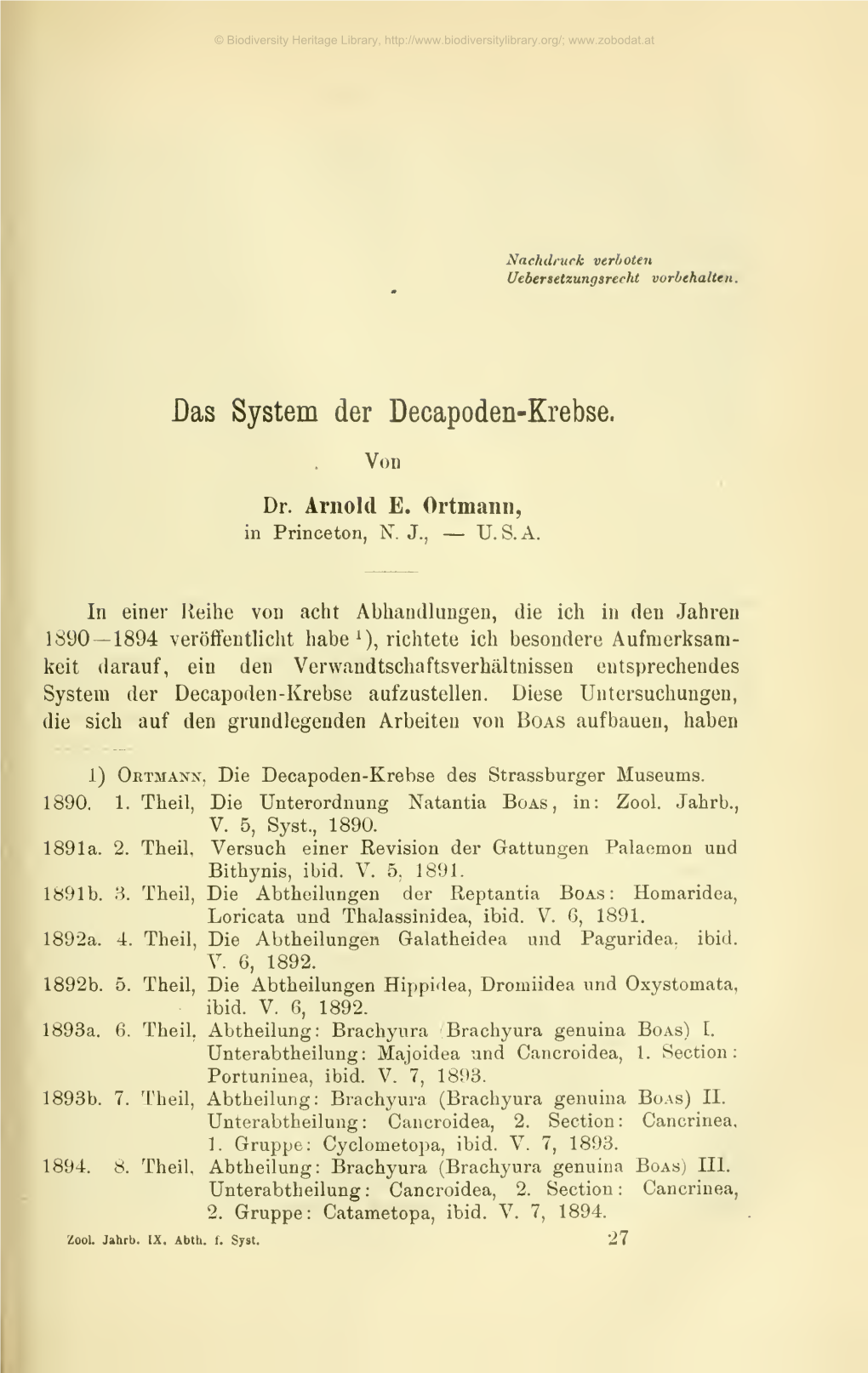 Das System Der Decapoden-Krebse. Arnold Eduard Ortmann